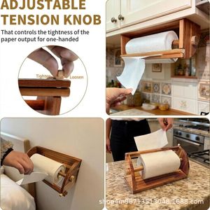 Wooden <b>Paper</b> Towel Holder Wall Mount Adjustable <b>Kitchen</b> Roll Holder Rustic Design Acacia Wood Grain Color Rectangular Shape - Product Image 1