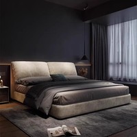 Lit double rembourré moderne italien minimaliste avec cadre en bois et rangement intégré, design oreilles d'éléphant