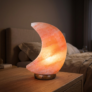 Lámpara de Sal del Himalaya de Media Luna con Base de Madera Ecológica 2025, Personalizable, OEM, Fácil de Usar, Diseño Tallado a Mano, Venta al Por Mayor - Product Image 1