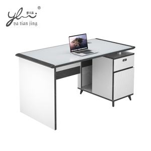 Escritorio de Vidrio Minimalista con Detalles Negros, Estación de Trabajo Pequeña para Oficina con Almacenamiento en Cajones - Product Image 1