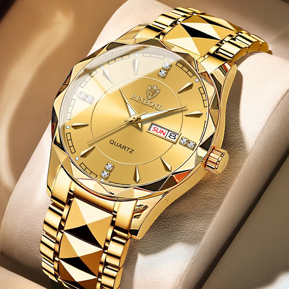 BINBOND Business Gold Watch For Men Luxury Original Waterproof Stainless Steel Golden Male Wristwatches Relogio Masculino