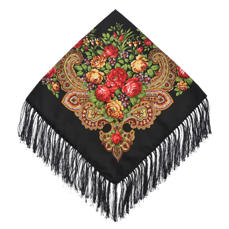 Lenço de borla floral russo, 90*90cm, para o inverno, xale, moda caxemira, estampado, de algodão, feminino, hijab