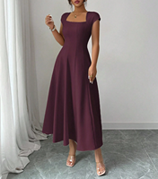 Robe Midi Femme Col Carré Manches Courtes Coupe Slim Évasée pour Soirée et Tenue Décontractée, Modèle 2026, Personnalisable par Usine ODM/OEM