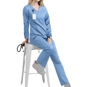 Women Scrub Set Long Sleeve V Neck Elastic Lightweight Moisture Wicking Hospital Uniform Split Set For Medical Dental Work - Product Image 5