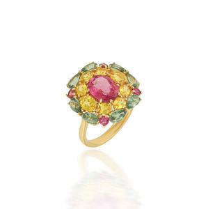 New Top selling 18K Yellow <b>Gold</b> Pink Tourmaline & Multi-Sapphire <b>Cocktail</b> <b>Ring</b> Elevate your style with this vibrant MultiStone - Product Image 2