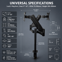 Nouveau support d'écran double en métal noir pour la productivité et le multitâche, avec ressort à gaz, rotation à 360°, capacité de 10 kg par bras, pour moniteurs de 17 à 32 pouces