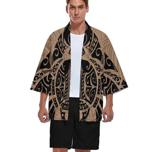 Модное мужское кимоно в самоанском стиле, кардиган, свободная рубашка с разрезом, индивидуальный сублимационный принт, полинезийский Племенной дизайн, мужской кардиган