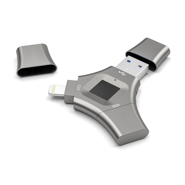 2026 Newest 3 in 1 Fingerprint Metal Multi-function High Speed Pendrive 64GB 128GB 256GB 512GB USB Flash Drive