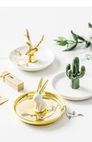 Plateau à bijoux multifonctionnel en céramique, style nordique moderne, motif cactus et lapin, avec bord doré, pour rangement de coiffeuse et support de bagues
