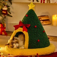 Nouveau Nid de Sommeil Rond Semi-Fermé pour Chat en Polaire Douce et Confortable, Motif Arbre de Noël, Idéal pour l'Hiver