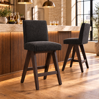 Tabouret de bar haut avec dossier, revêtement en tissu texturé noir, pieds en bois en forme de A, chaise de bar pour la maison, la cuisine, le café