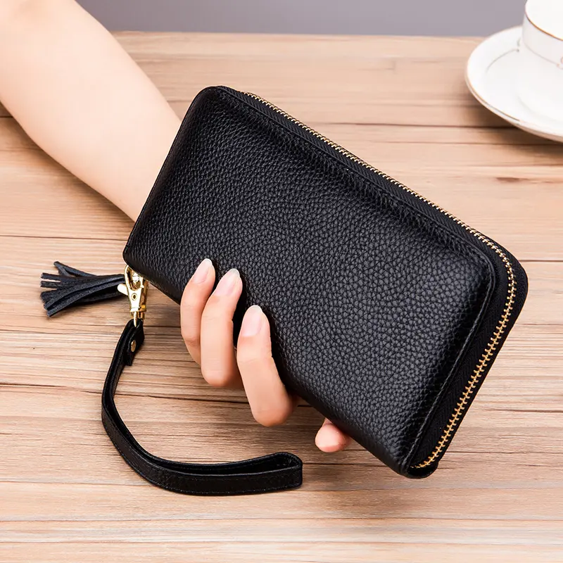 2022 gerçek deri RFID engelleme bayanlar uzun el çantası uzun cüzdan inek deri debriyaj uzun fermuarlı çanta