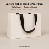 Sac cadeau en papier mat blanc crème avec poignées en ruban gros-grain brun foncé, soufflets latéraux, fond plat, impression personnalisée, vente au détail et en gros