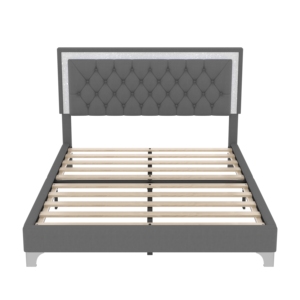 Queen Size <span class=keywords><strong>3</strong></span>-delige Slaapkamermeubelset Gestoffeerd Plateaubed Met Ledverlichting Twee Nachtkastjes In Grijs - Product Image 2