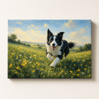 Impression sur toile aux tons terreux chauds, art botanique en ligne, paysage de prairie avec Border Collie, impression murale animale