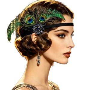 Serre-tête Gatsby en plumes de paon pour femme, bandeau vintage en strass, accessoire de coiffure pour mariée, fête ou déguisement - Product Image 1