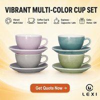 Ensemble de tasses et soucoupes à café en céramique multicolores vibrantes, idéal pour servir des expressos, des cappuccinos ou des lattes dans les cafés, à la maison ou en cadeau