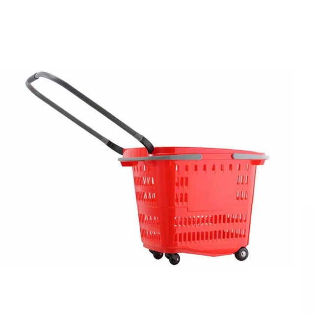Plastic Basket Supermarket Shopping Basket  with Wheels Red Customization