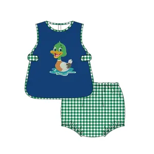 Puresun Custom Kids Clothes Children Clothing Wholesale Big Duck French Knot Cotton Gingham Baby Girl Clothing Set