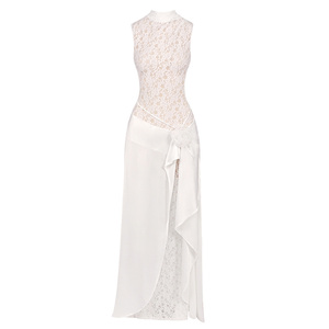 Vestido Maxi Asimétrico de <span class=keywords><strong>Encaje</strong></span> Blanco <span class=keywords><strong>y</strong></span> Gasa <span class=keywords><strong>con</strong></span> Detalles Florales para Boda en Jardín, Vestido de Noche Elegante - Product Image 3
