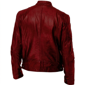 Blouson Bomber Homme en Cuir Véritable Rouge, Col Rabattu, Coupe-Vent, Fermeture Éclair, Coupe Ajustée, Longueur Standard, Logo Avant, Automne - Product Image 1