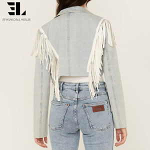 Джинсовая куртка-бомбер LARSUR на заказ с замшевыми бахромами и эффектом потертости, укороченная, для мотогонок, женская - Product Image 6