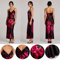 Robe longue noire à fleurs pour femme, col en V, bretelles spaghetti, élégante, pour soirée, personnalisable, marque privée, vente en gros