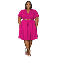 N7991 Ensemble de robes mode pour femmes Style européen américain Nouveau Robe courte nouée à manches volantées Col en V Poche Plus Size Genou d'été