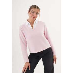 Blusa de punto rosa con cuello de camisa para mujer, top de manga larga sencillo para el día a día, anti-bolitas, color piedra - Product Image 4