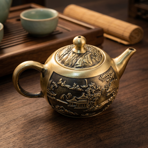 กาน้ำชาโลหะแบบจีนโบราณพร้อมฝาปิดและหูจับ ลวดลายภูมิทัศน์แบบนูน - Product Image 4