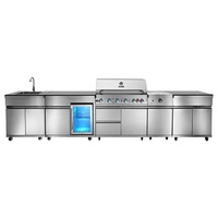 Îlot de cuisine extérieur en acier inoxydable, barbecue modulaire, évier, brûleur latéral, plan de travail noir, cuisine mobile pour jardin et patio
