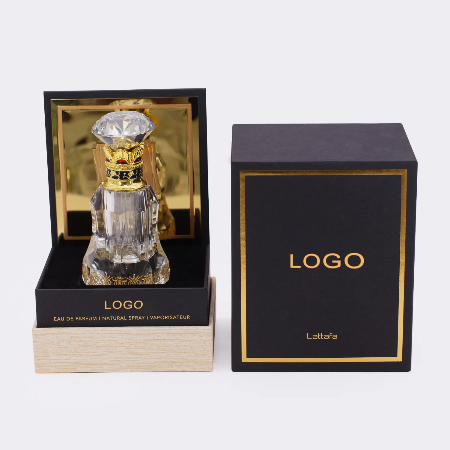 Custom Logo Luxe Zwart Goud Geur Dia Lade Dozen Stijve Kartonnen Papieren Verpakking Geschenkset Parfum Fles Met Doos