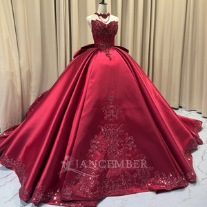 Robe de bal Mc050 bordeaux en satin, longueur ras du sol, avec décolleté cœur, ornée de perles et de sequins, dos orné d'un nœud, traîne chapelle et soutien-gorge intégré - Product Image 6