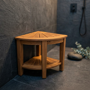 Solid Teak Wood <b>Corner</b> <b>Shower</b> Bench Slatted Top Bathroom Stool with Storage <b>Shelf</b> - Product Image 3