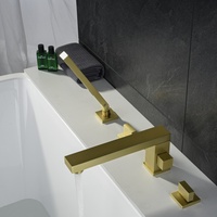 Robinet de baignoire romain à 4 trous en or brossé, avec bec carré extra long et double douchette carrée, pour baignoire autoportante