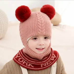 Dikke Beanie Warme Muts Kids Kinderen Gebreide Hooded Sjaal Knit Brief Pom Pom Oorklep Hat Cap Sjaals Kind Accessoires