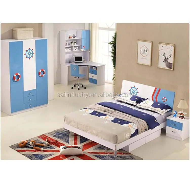 Luxury modern Kids Furniture Blue Bedroom Set Closet