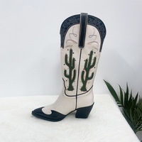 Bottes hautes au genou à talon épais avec logo personnalisé très vendues Bottes de cowboy occidentales à bout pointu et cactus brodés pour femmes