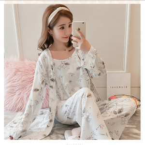 Pyjama en soie de lait pour femmes, style coréen, ensemble trois pièces à manches longues, vêtements de nuit d'été et d'automne, tissu polyester fin - Product Image 3