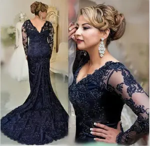 Navy Blue Lace Mother of the Bride Dresses New Elegant V Neck Long Sleeve Mermaid Mother of the Groom Wedding Guest Gowns