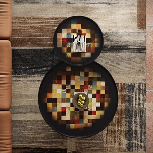 Tavolini Laterali con Piedistallo in Fibra di Vetro FRP Lucida Stile Metà Secolo, Colore <span class=keywords><strong>Nero</strong></span> Scuro <span class=keywords><strong>Laccato</strong></span> con Intarsi Colorati, Tavolino da Caffè - Product Image 3
