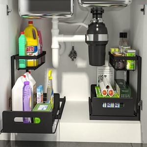 Scaffale Personalizzato in Metallo per <span class=keywords><strong>Cucina</strong></span> e Bagno, Organizzatore Estraibile a 2 Livelli Sotto Lavello, Ripiani Scorrevoli per Armadietto Sottolavello - Product Image 3