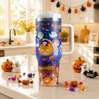 Gobelet isotherme réutilisable en acier inoxydable de 40 oz avec poignée et paille, personnalisable, pour voiture, camping, festival, cadeau d'Halloween