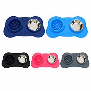 Silicone <b>Pet</b> <b>Feeding</b> <b>Mat</b> with Stainless Steel Bowls Non-Slip Easy Clean Food Grade for Dogs Cats - Product Image 1