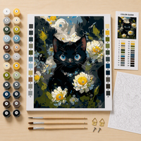 Kit Lukisan Cat Akrilik Berbingkai Motif Kucing Hitam dan Bunga untuk Dewasa Pemula, Dekorasi Dinding 40x50cm