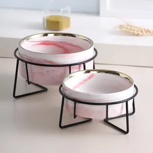 Keramik kreatif marmer anjing dan kucing, mangkuk makan hewan peliharaan portabel air dengan pemegang