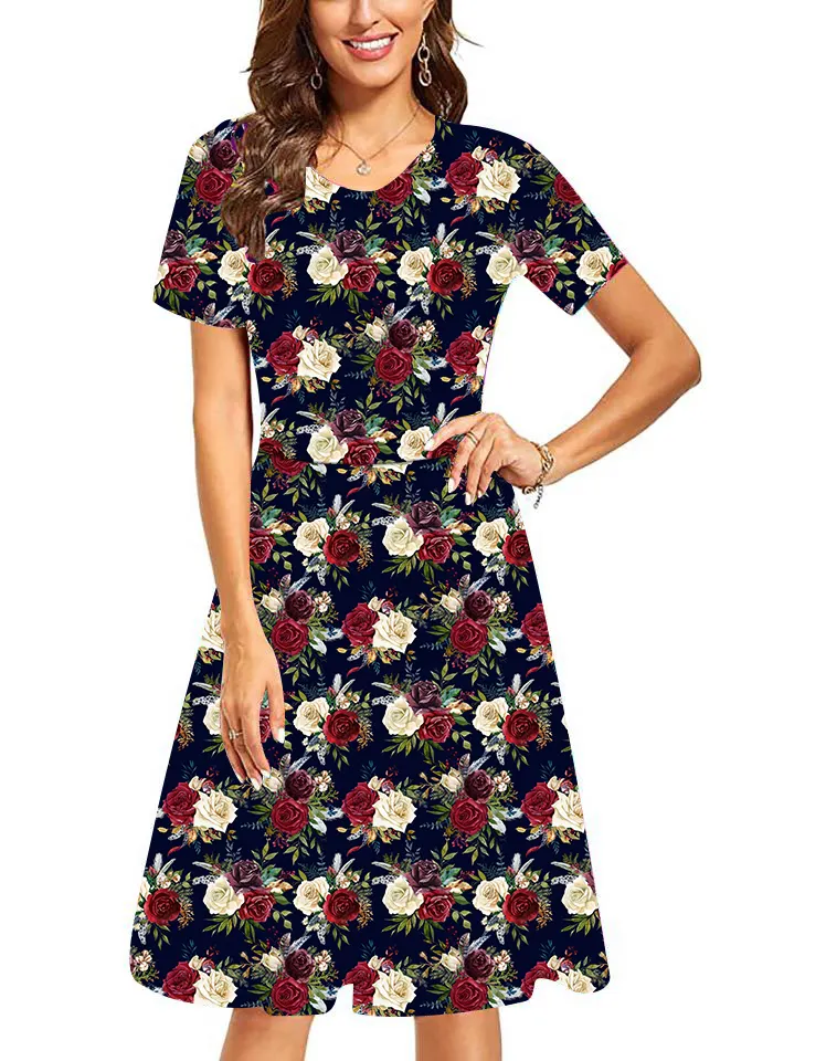 Newest Selling Retro White Red Rose Printed Dresses Polyester Spandex Dresses Round Neck Short Sleeve Dress For Women Ladies