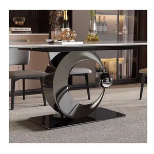 轻型豪华岩板伸缩折叠桌旋转桌可变黑色钛合金组合圆桌