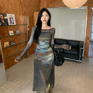 Oil Painting Style Mesh Camisole Two Piece Set For Women Off The Shoulder Asymmetric Sheath Dress Summer Vacation Look - Product Image 5