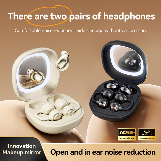 2 in 1 Makeup Mirror Box  Air Buds Headphone Bean Clip Earbuds Girl Headphone D  Wireless Earbuds HD Sound Stereo  BT Earphones